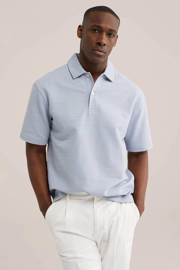 WE Fashion boxy polo fijn gebreid lichtblauw