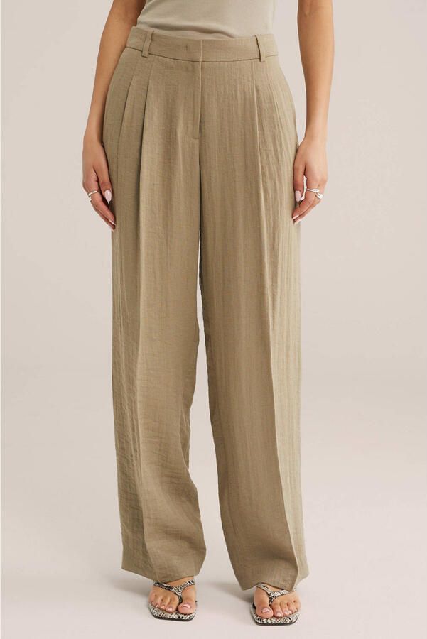 WE Fashion broek met wide leg en riemlussen beige