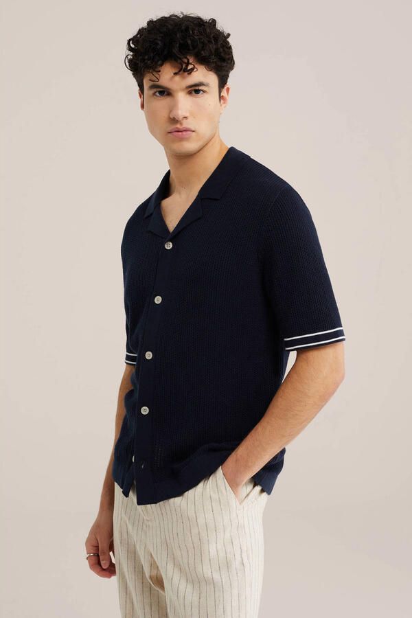 WE Fashion casual overhemd gebreid donkerblauw