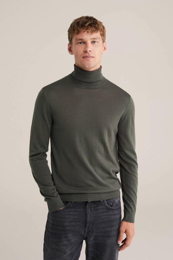 WE Fashion coltrui met wol fijn gebreid donkergroen