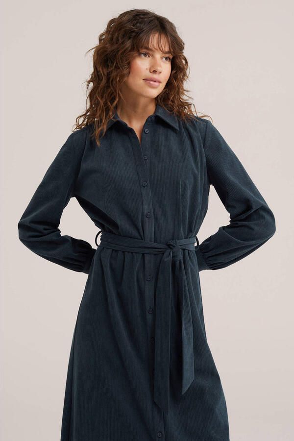 WE Fashion corduroy midi blousejurk met ceintuur blauw
