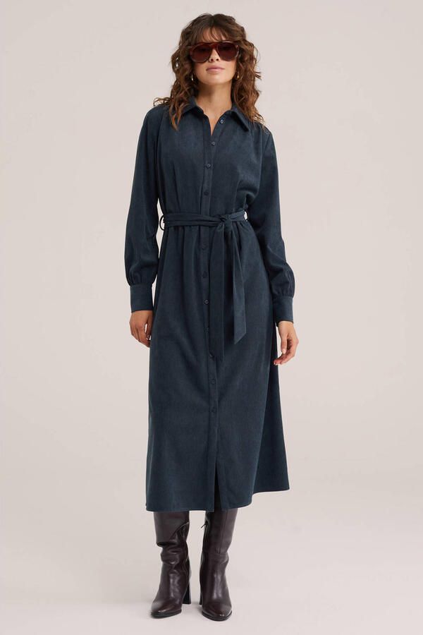 WE Fashion corduroy midi blousejurk met ceintuur blauw - Foto 2