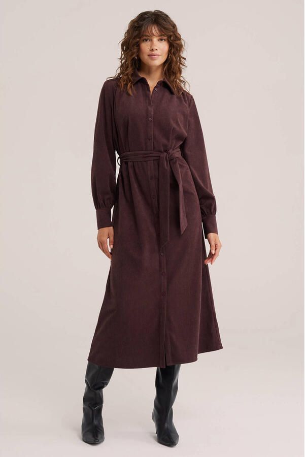 WE Fashion corduroy midi blousejurk met ceintuur donkerrood - Foto 2