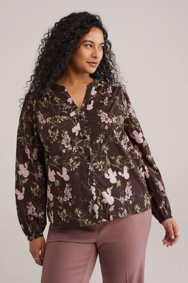 WE Fashion Curve gebloemde blouse bruin