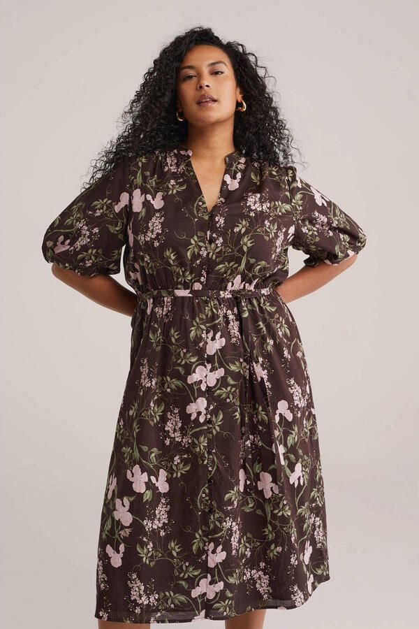 WE Fashion Curve gebloemde blousejurk bruin