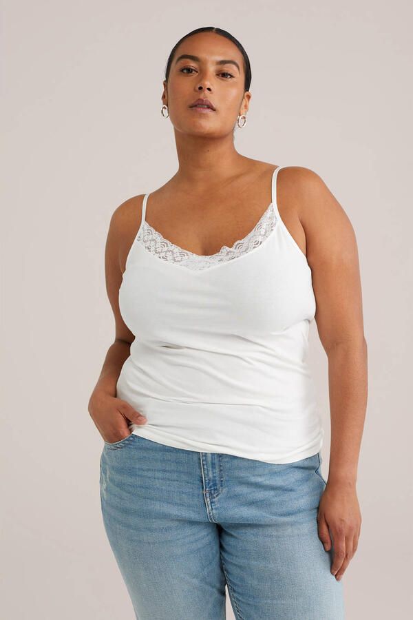 WE Fashion Curve singlet met kant offwhite - Foto 3
