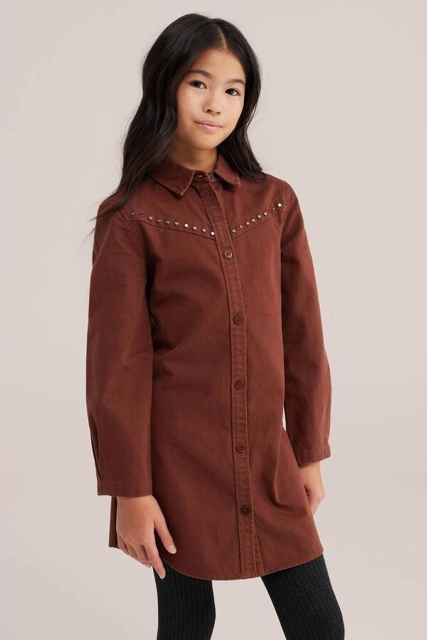 WE Fashion denim blousejurk met studs roodbruin Effen