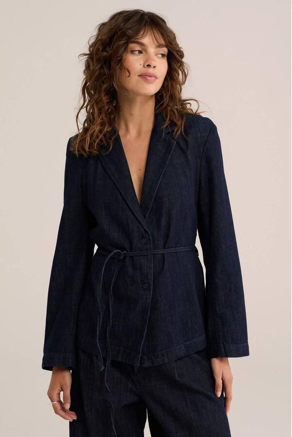 WE Fashion denim getailleerde blazer met ceintuur dark blue denim
