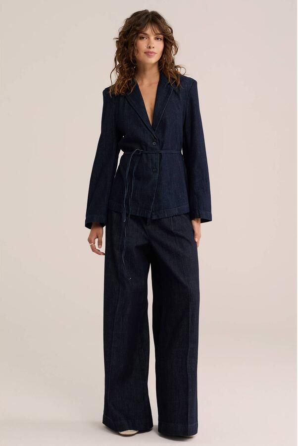 WE Fashion denim getailleerde blazer met ceintuur dark blue denim - Foto 2