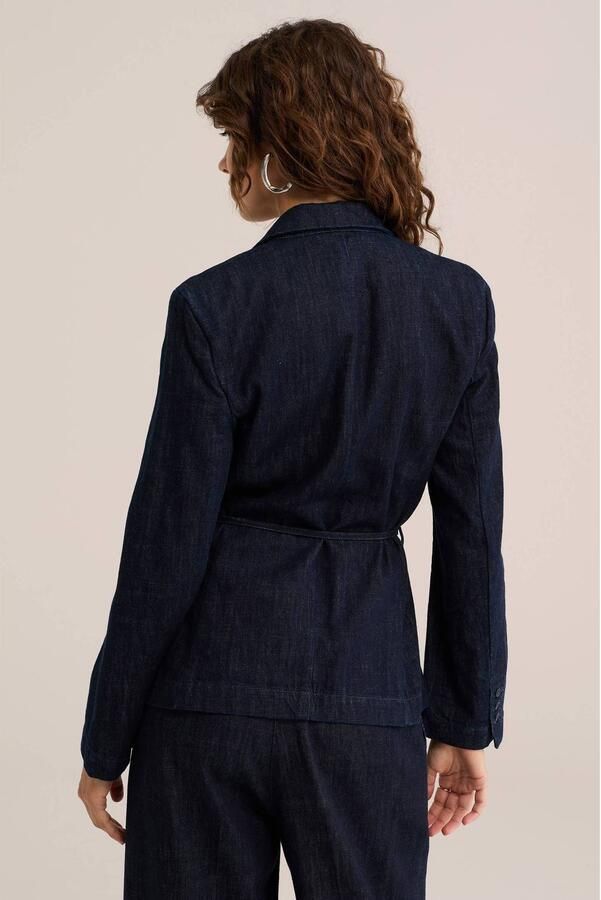 WE Fashion denim getailleerde blazer met ceintuur dark blue denim - Foto 3