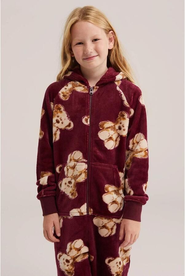 WE Fashion fleece onesie met print donkerrood bruin All over print