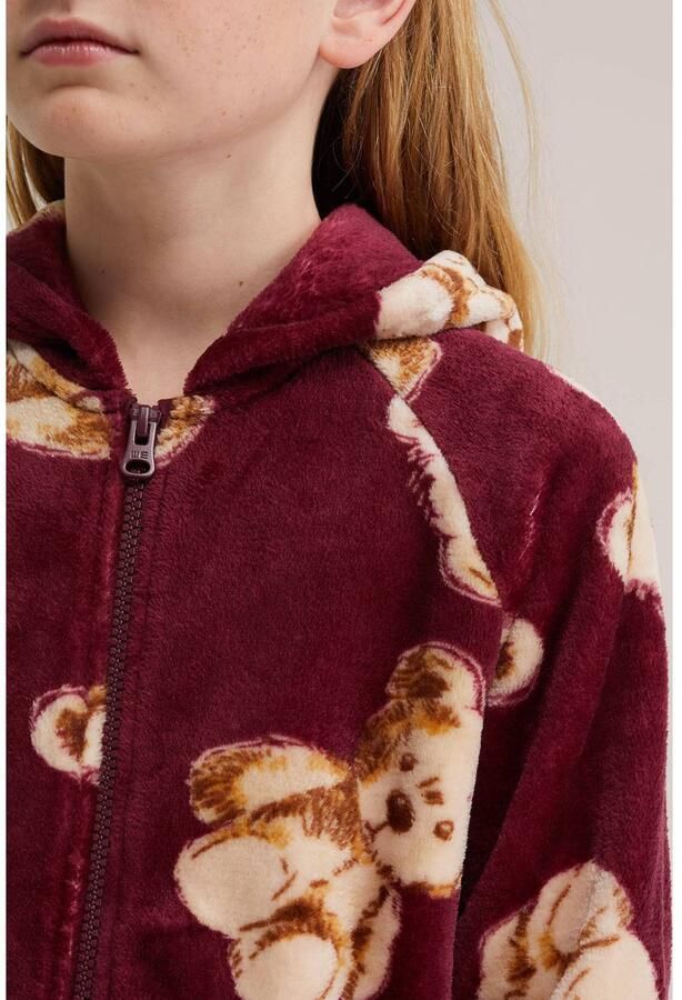 WE Fashion fleece onesie met print donkerrood bruin All over print - Foto 2