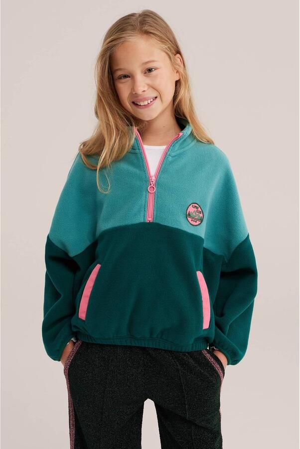 WE Fashion fleecetrui groen roze Meisjes Polyester Opstaande kraag Effen