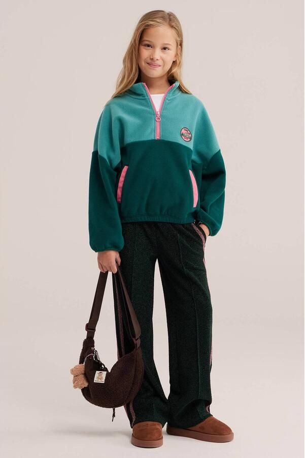 WE Fashion fleecetrui groen roze Meisjes Polyester Opstaande kraag Effen - Foto 3