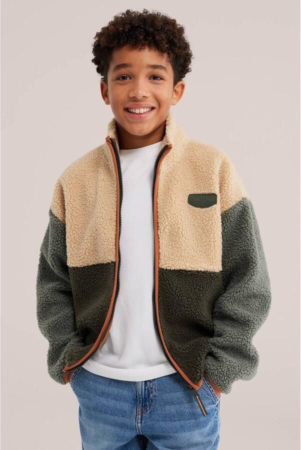 WE Fashion fleecevest met patches groen beige Jongens Polyester Opstaande kraag