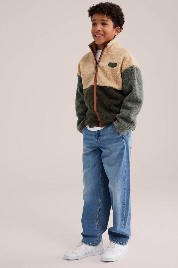 WE Fashion fleecevest met patches groen beige Jongens Polyester Opstaande kraag - Foto 2