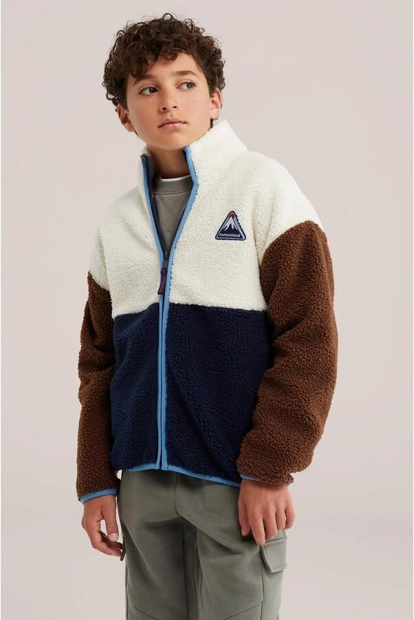 WE Fashion fleecevest met teddy details en patches donkerblauw wit bruin Jongens Polyester Opstaande kraag