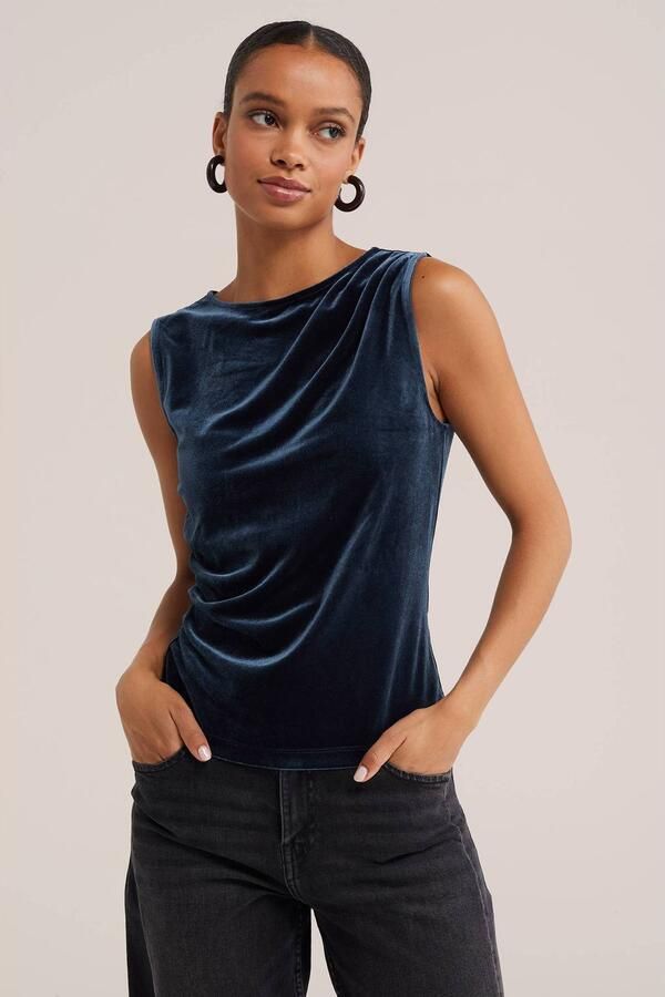 WE Fashion fluwelen top met plooien donkerblauw