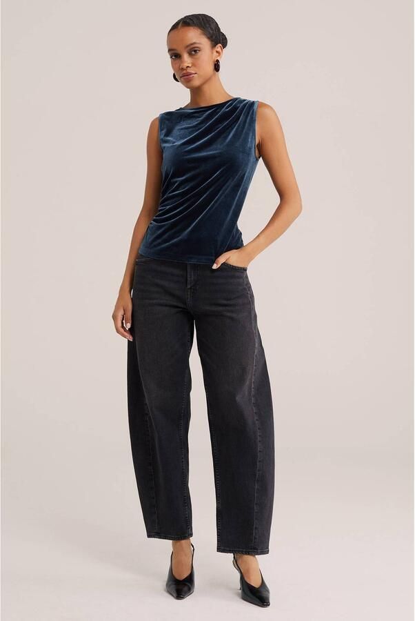 WE Fashion fluwelen top met plooien donkerblauw - Foto 3