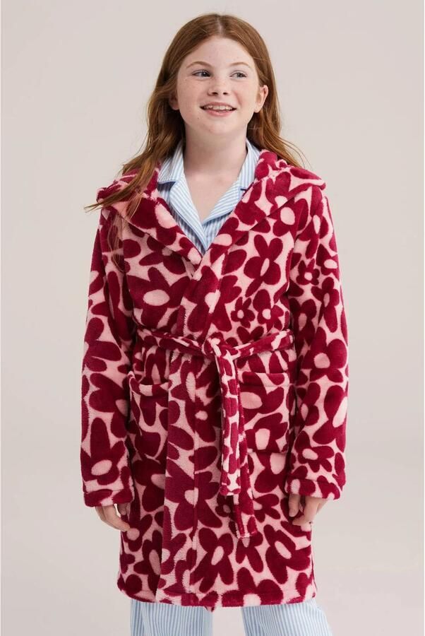 WE Fashion gebloemde badjas roze rood Meisjes Polyester Capuchon All over print