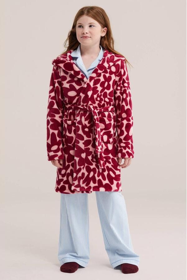 WE Fashion gebloemde badjas roze rood Meisjes Polyester Capuchon All over print - Foto 2