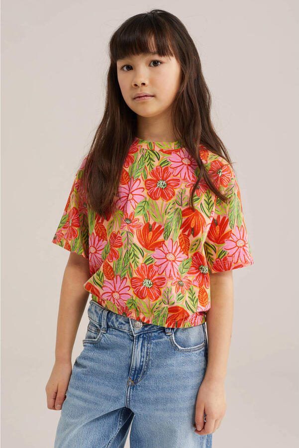 WE Fashion gebloemde T-shirt oranje