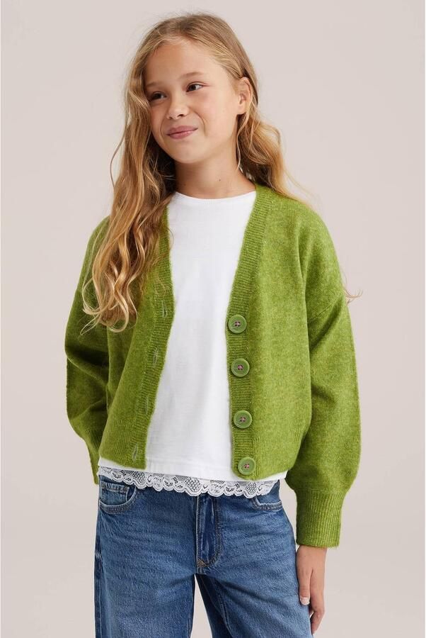 WE Fashion gebreid vest met wol groen Meisjes Polyester V-hals Effen