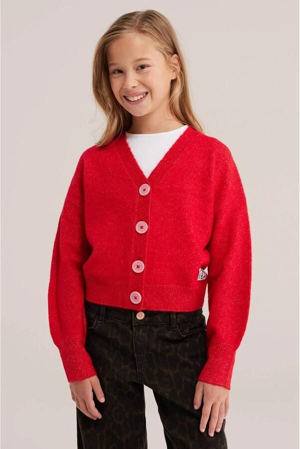 WE Fashion gebreid vest met wol rood Meisjes Polyester V-hals Effen