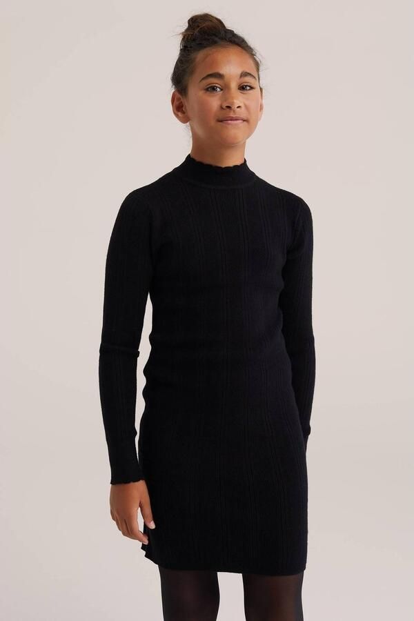 WE Fashion gebreide bodycon midi jurk zwart Meisjes Viscose Opstaande kraag