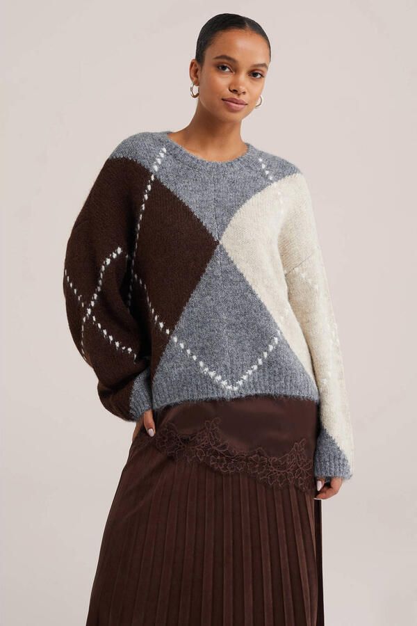 WE Fashion gebreide geruite trui met wol grijs
