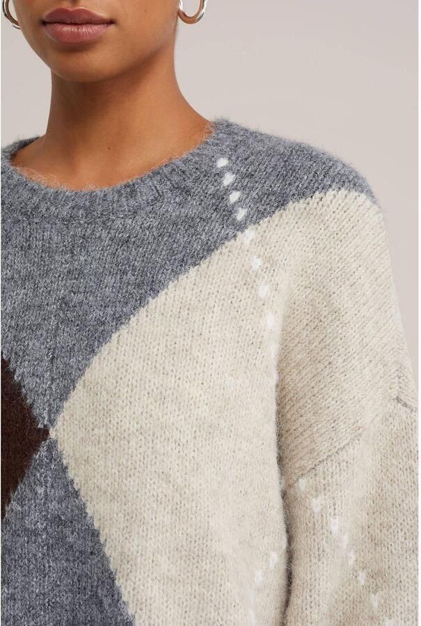 WE Fashion gebreide geruite trui met wol grijs - Foto 2