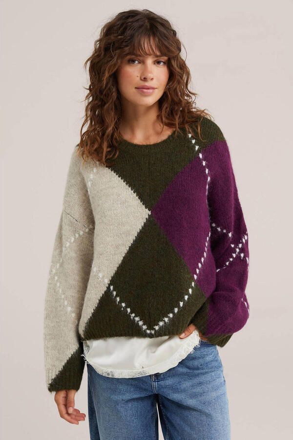 WE Fashion gebreide geruite trui met wol groen