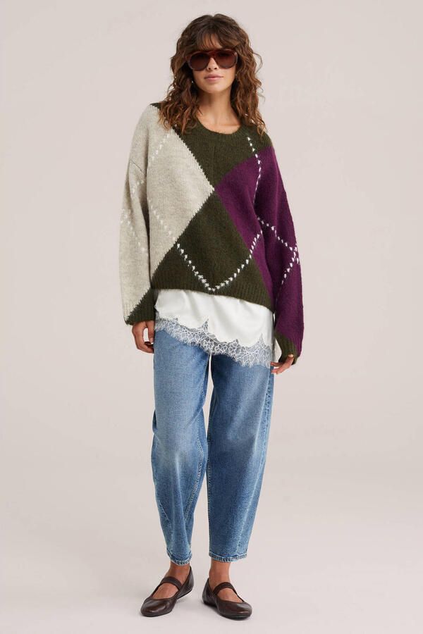 WE Fashion gebreide geruite trui met wol groen - Foto 2