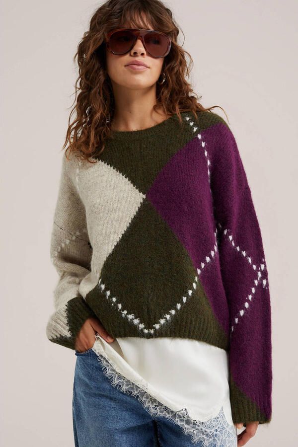 WE Fashion gebreide geruite trui met wol groen - Foto 3