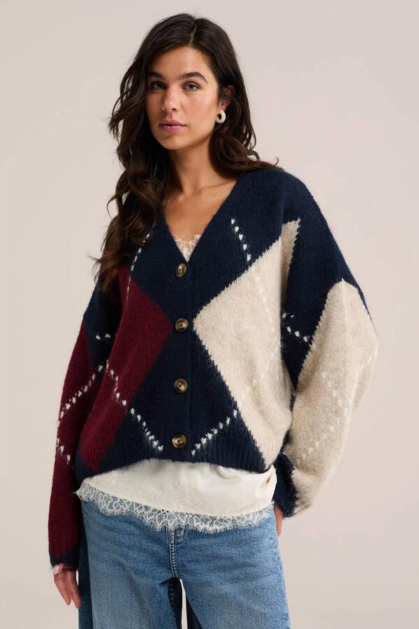 WE Fashion gebreid geruit vest met wol donkerblauw