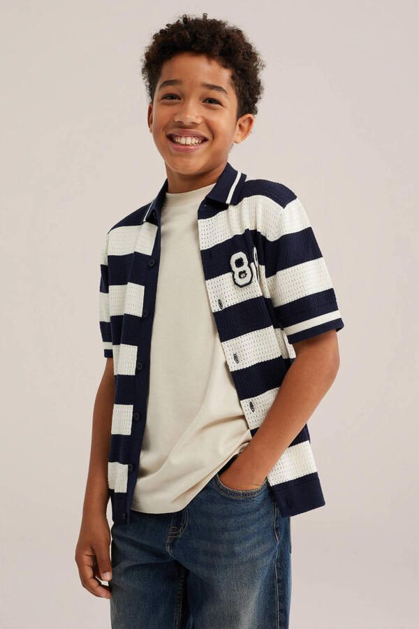 WE Fashion gebreide gestreepte polo donkerblauw