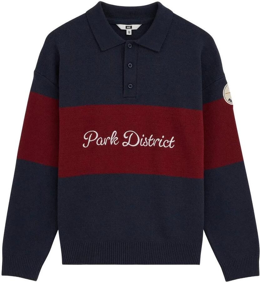 WE Fashion gebreide gestreepte sweater met borduursels en tekst donkerblauw Trui Jongens Viscose Polokraag