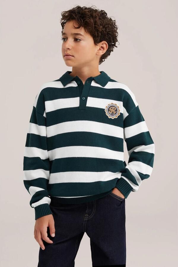 WE Fashion gebreide gestreepte trui met patches groen wit