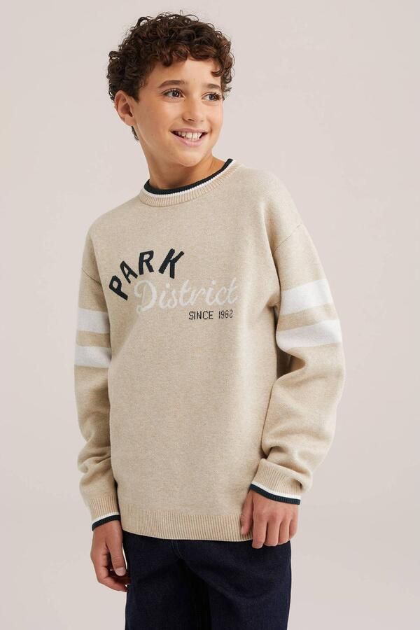 WE Fashion gebreide gestreepte trui met tekst beige
