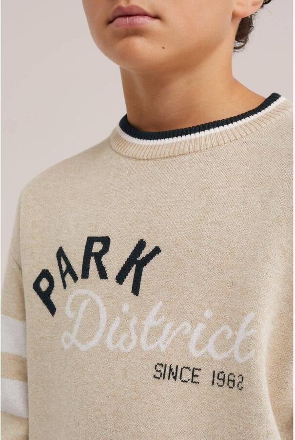 WE Fashion gebreide gestreepte trui met tekst beige - Foto 2