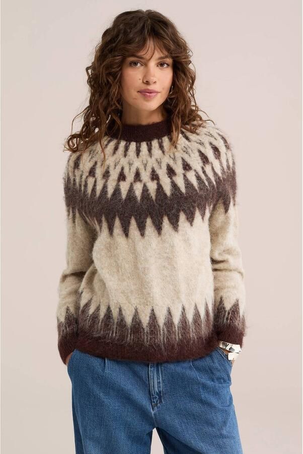 WE Fashion gebreide noorse trui met print en wol zand bruin