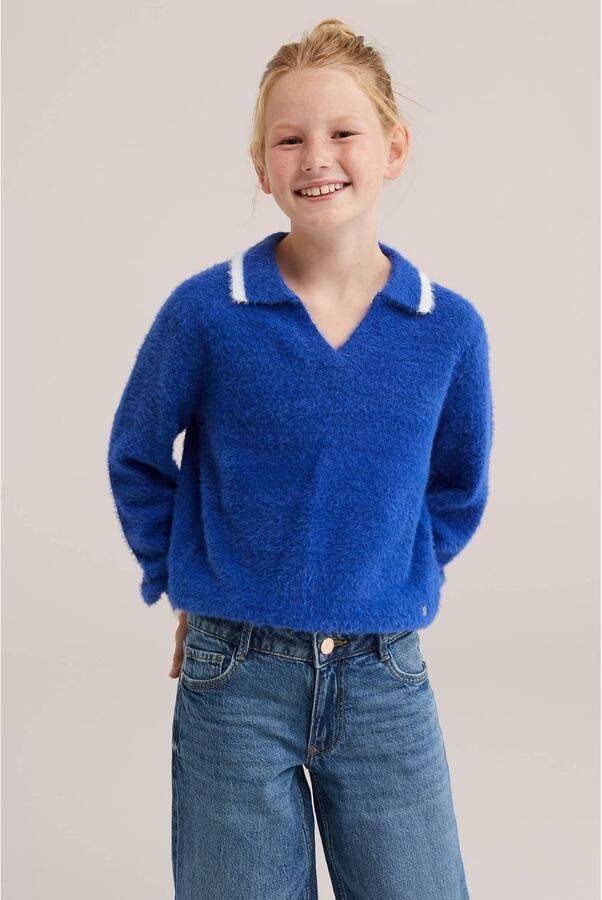 WE Fashion gebreide trui blauw Meisjes Acryl V-hals Effen
