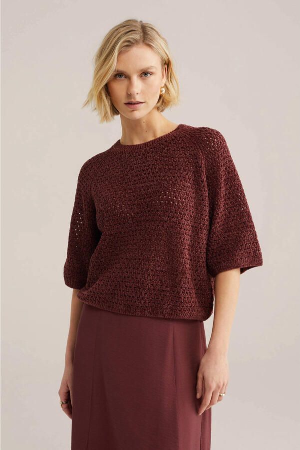 WE Fashion gebreide trui donkerrood met lurex