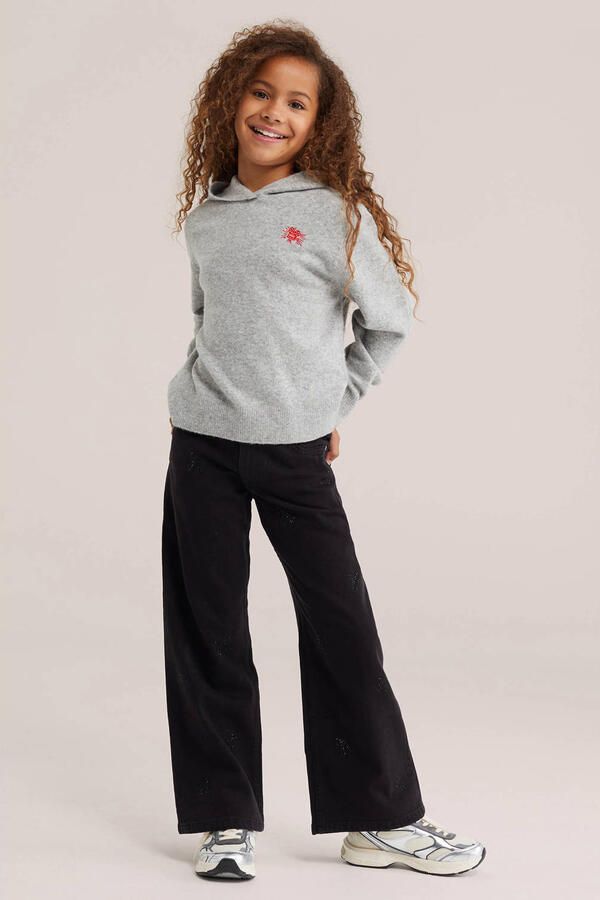 WE Fashion gebreide trui met borduursels en wol grijs - Foto 3