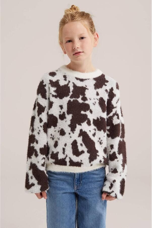 WE Fashion gebreide trui met dierenprint wit bruin Meisjes Acryl Ronde hals