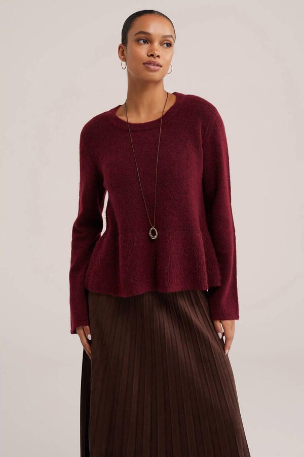 WE Fashion gebreide trui met peplum en wol donkerrood