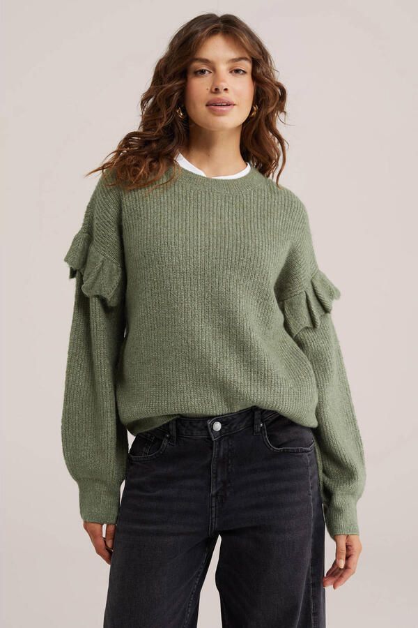 WE Fashion gebreide trui met ruches groen