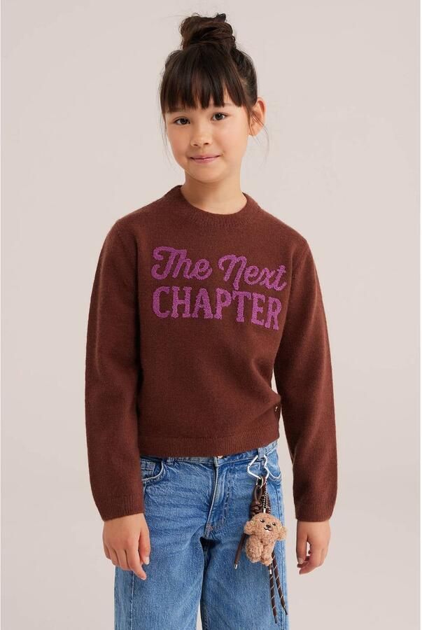 WE Fashion gebreide trui met tekst bruin paars Meisjes Acryl Ronde hals