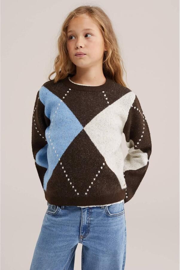 WE Fashion gebreide trui met wol bruin blauw wit Meisjes Polyester Ronde hals