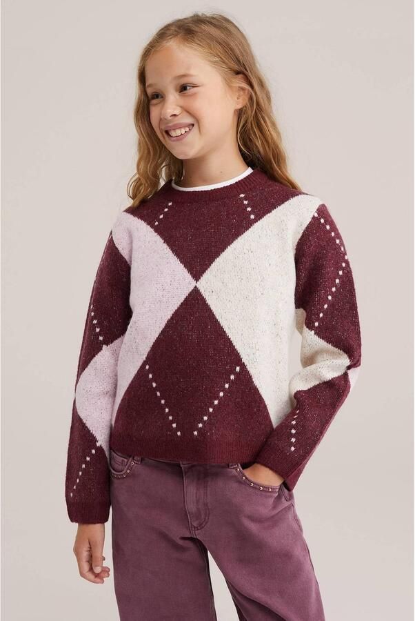 WE Fashion gebreide trui met wol donkerrood roze wit Meisjes Polyester Ronde hals